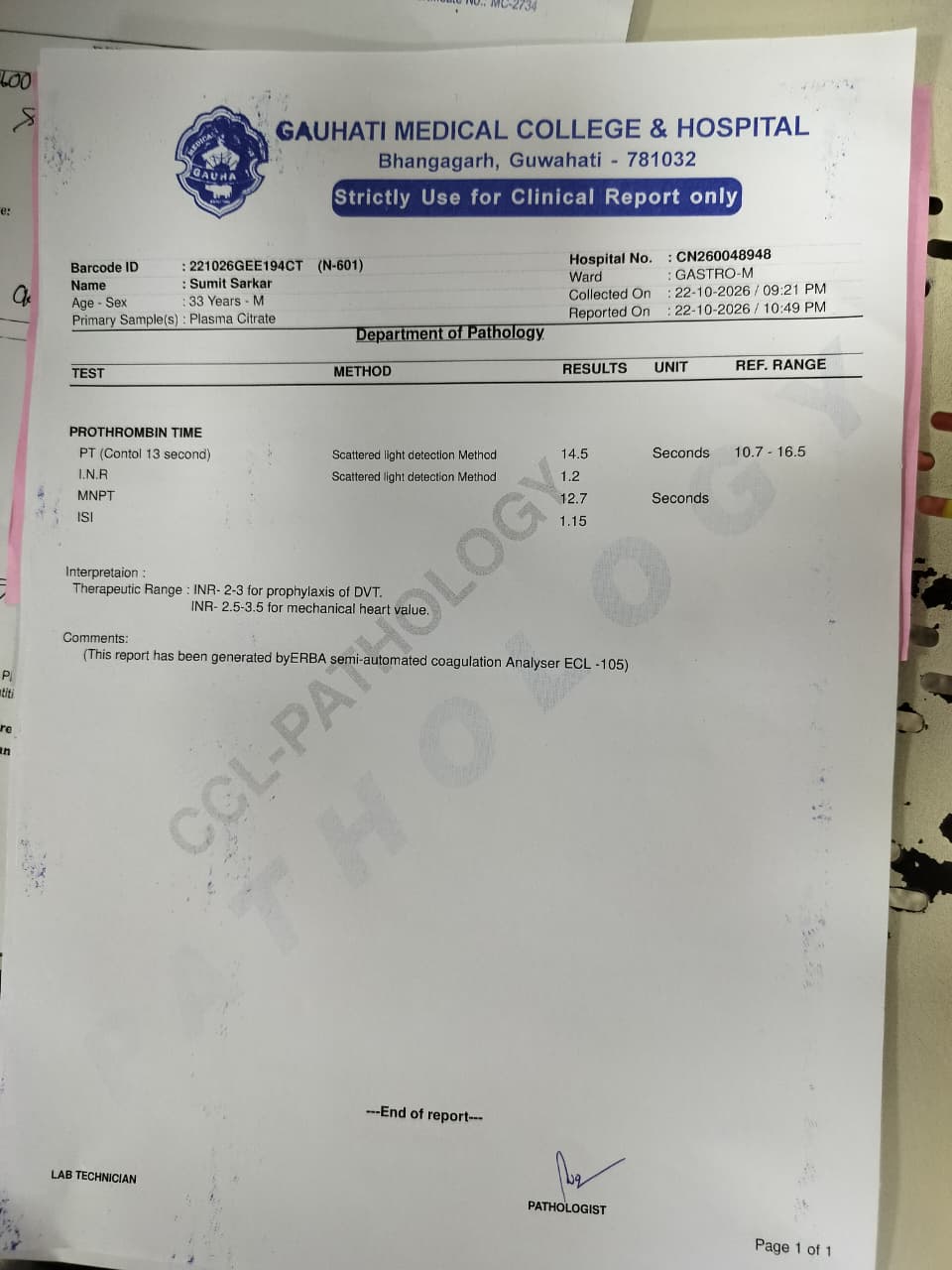 Blood clotting test (PT / INR)